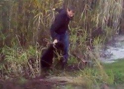 Полиция ХМАО ведет проверку видео в Интернете, на котором пьяный мужчина у машины с номером Украины трубой пытается убить медвежонка. ФОТО. ВИДЕО